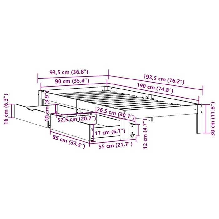 Cadru de pat pentru copii cu sertare, 90x190 cm, lemn masiv pin - WALTI WALTI