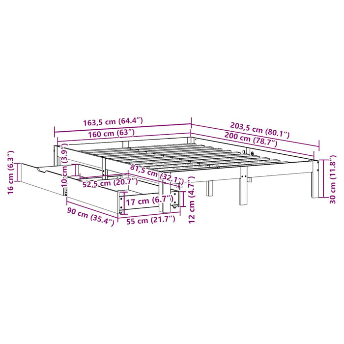 Cadru de pat cu sertare, alb, 160x200 cm, lemn masiv pin - WALTI WALTI