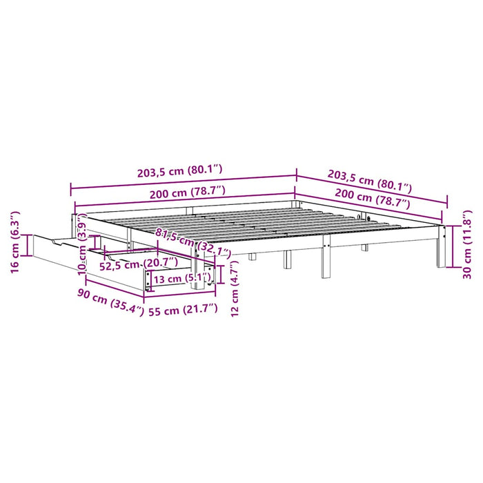 Cadru de pat cu sertare, 200x200 cm, lemn masiv pin - WALTI WALTI