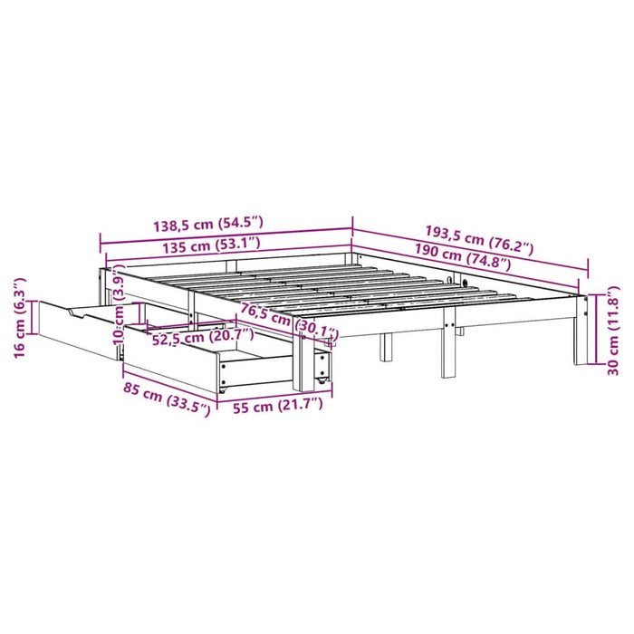Cadru pat cu sertare maro ceruit, 135x190 cm, lemn masiv de pin - WALTI WALTI