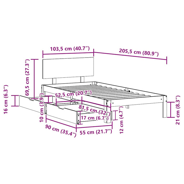 Cadru Pat cu Sertare Alb 100x200 cm Lemn Masiv Pin - WALTI WALTI
