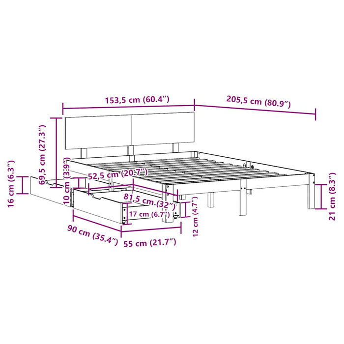 Cadru de pat cu sertare, alb, 150x200 cm, lemn masiv pin - WALTI WALTI