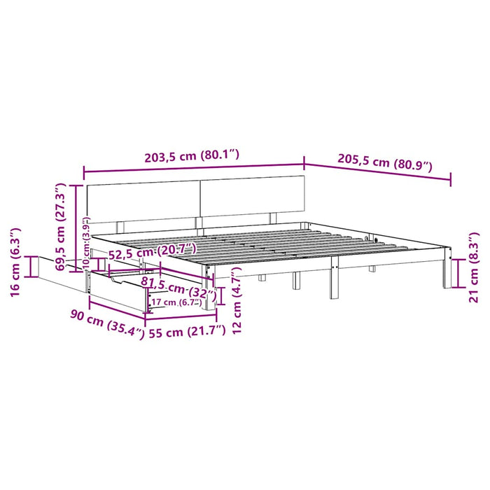 Cadru de pat cu sertare, alb, 200x200 cm, lemn masiv de pin - WALTI WALTI