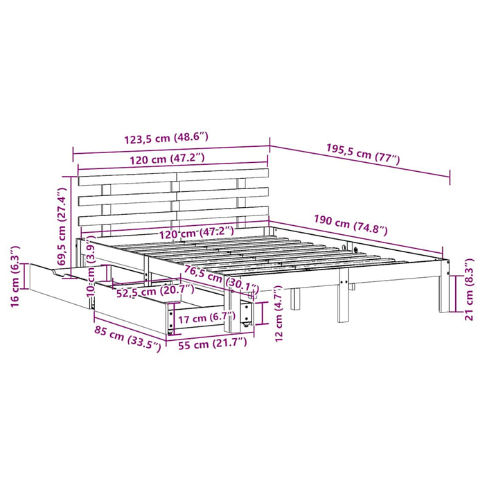 Cadru de pat cu sertare, alb, 120x190 cm, lemn masiv pin - WALTI WALTI