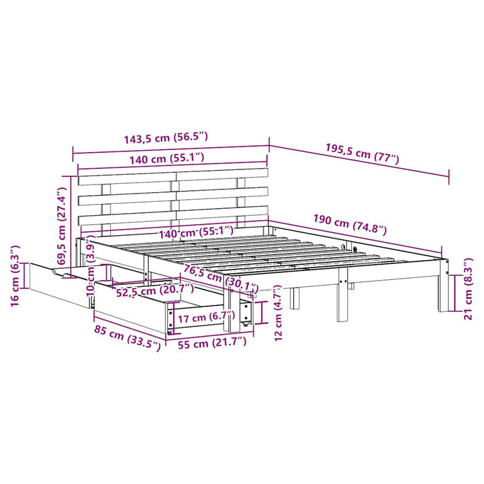 Cadru de pat cu sertare, alb, 140x190 cm, lemn masiv de pin - WALTI WALTI