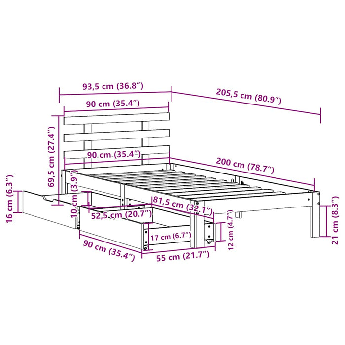 Cadru de pat cu sertare, alb, 90x200 cm lemn masiv pin - WALTI WALTI