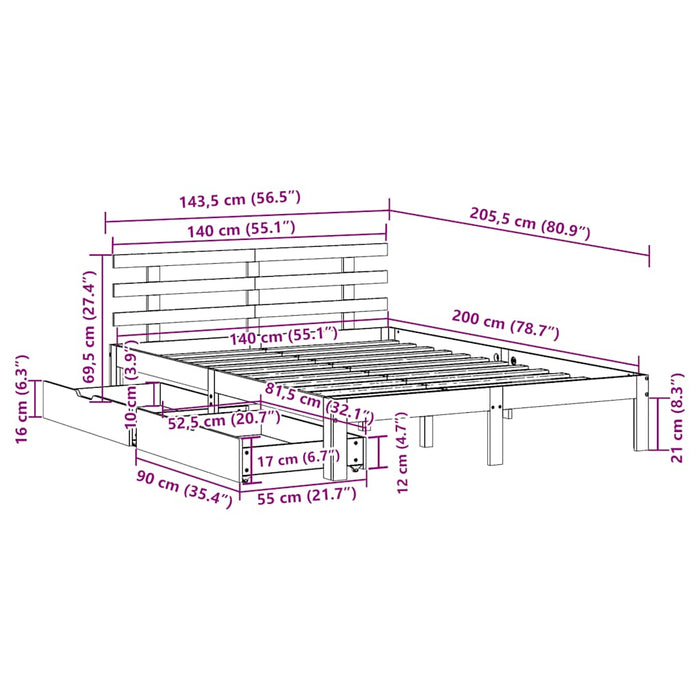 Cadru pat cu sertare, 140x200 cm, lemn masiv pin - WALTI WALTI