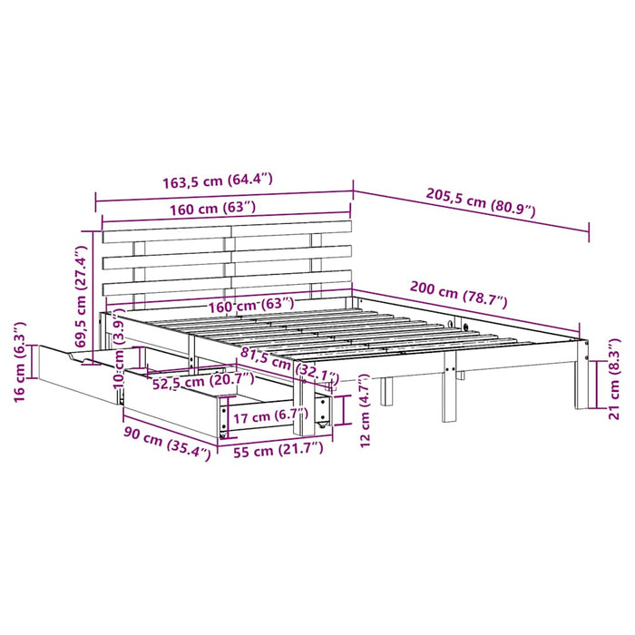 Cadru de pat cu sertare, alb, 160x200 cm, lemn masiv pin - WALTI WALTI