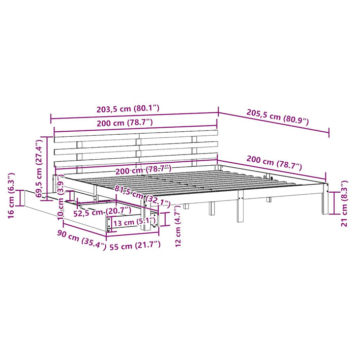 Cadru de pat cu sertare, alb, 200x200 cm, lemn masiv de pin - WALTI WALTI