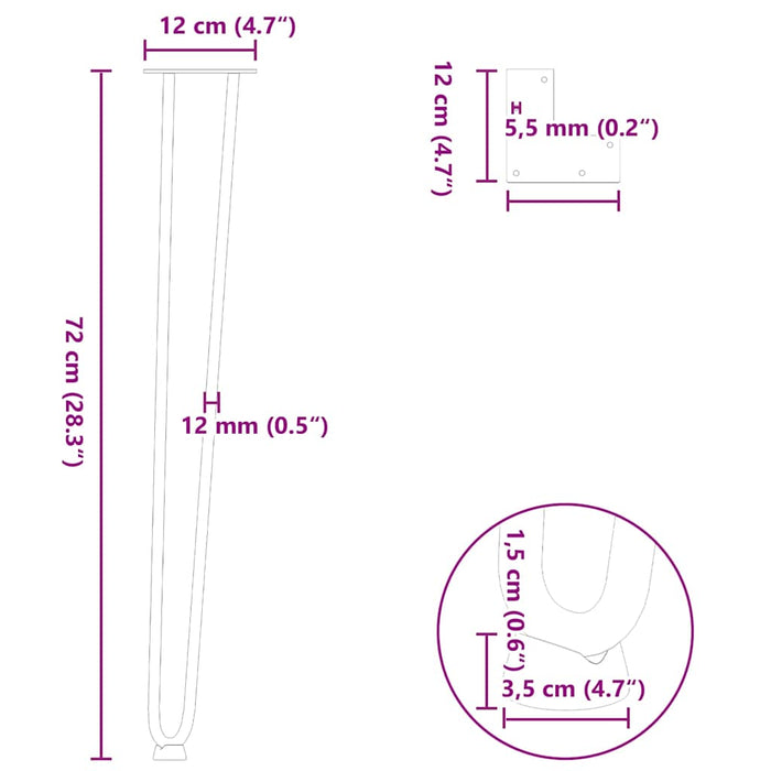 picioare tip ac de păr pentru masă consolă, antracit, 72 cm, oțel masiv, 4 buc. WALTI