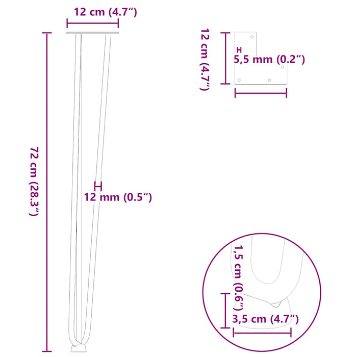 picioare tip ac de păr pentru masă consolă, 4 buc., negru, 72 cm, oțel masiv WALTI