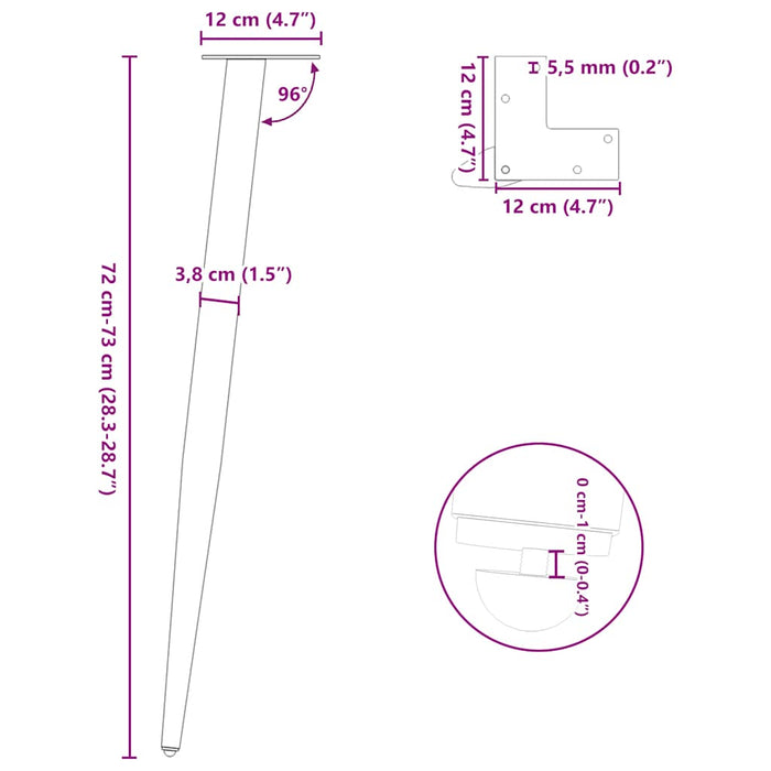 Picioare de masă consolă formă conică, 4 buc., oțel natural, 72-73 cm WALTI