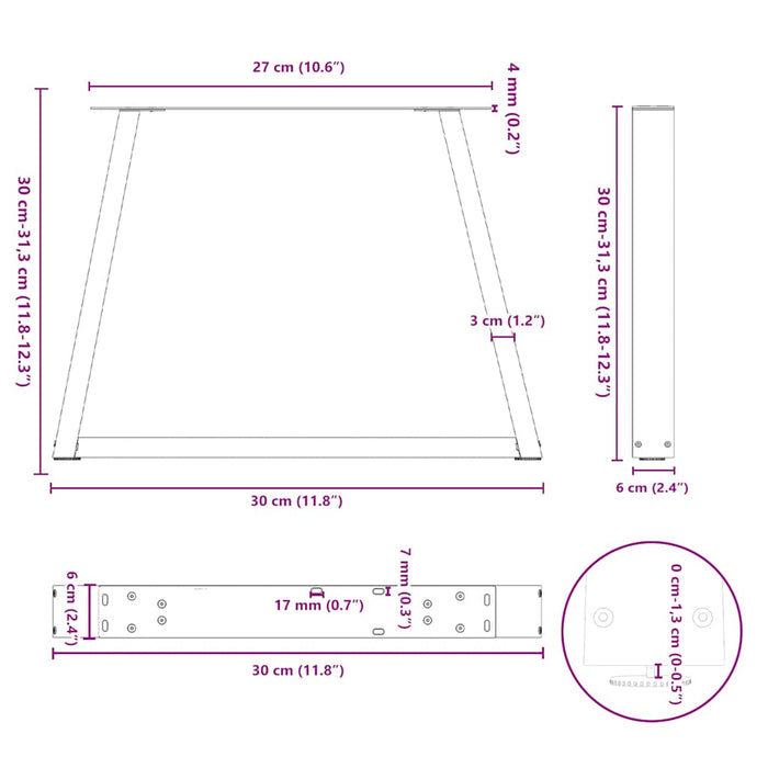 Picioare pentru măsuță de cafea în formă de V, 2 buc., oțel natural, 30x(30-31,3) cm WALTI