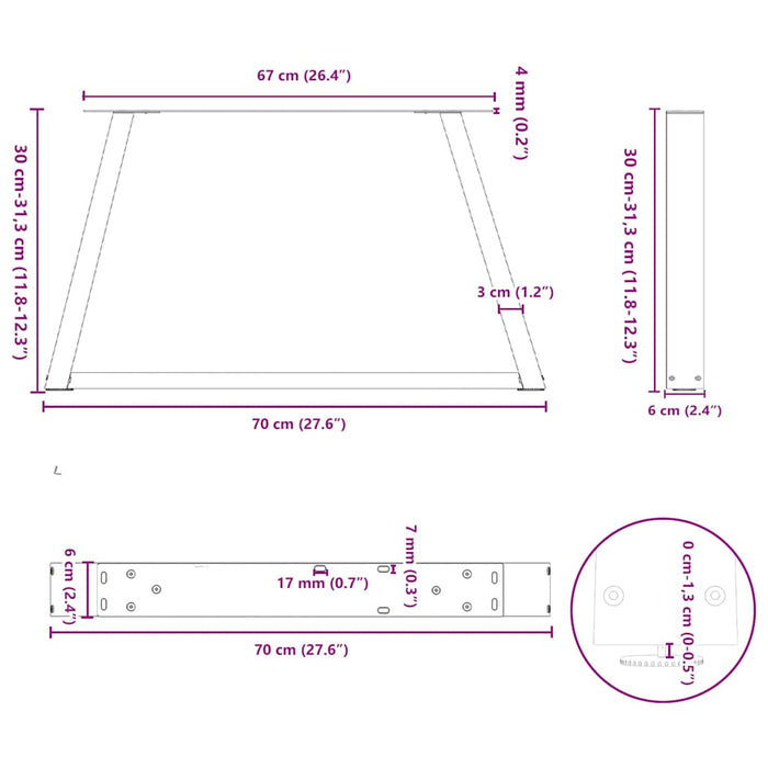 Picioare pentru măsuță de cafea în formă de V, 2 buc., antracit, 70x(30-31,3) cm, oțel WALTI