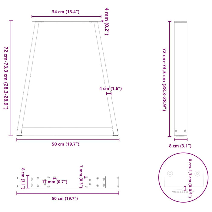 Picioare de masă în formă de V, 2 buc., oțel natural, 50x(72-73,3) cm - WALTI WALTI