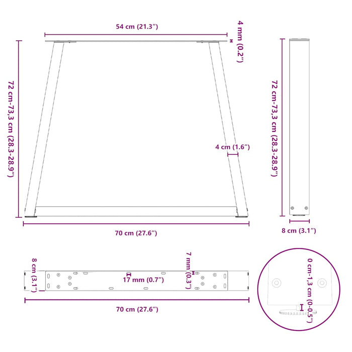 Picioare de masă în formă de V, 3 buc., negru, 70x (72-73,3) cm, oțel WALTI