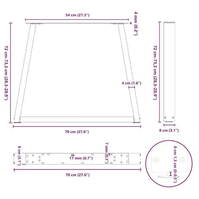 Picioare de masă în formă de V, 3 buc., alb, 70x (72-73,3) cm, oțel WALTI