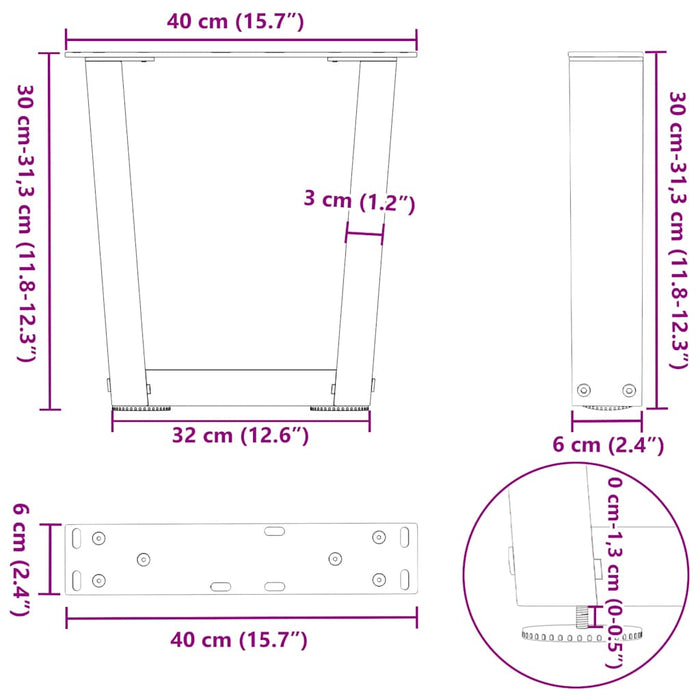 Picioare pentru măsuță de cafea în formă de V, 2 buc., oțel natural, 40x(30-31,3) cm WALTI