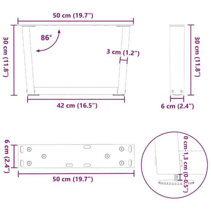 Picioare pentru măsuță de cafea în formă de V, 2 buc., oțel natural, 50x(30-31,3) cm WALTI