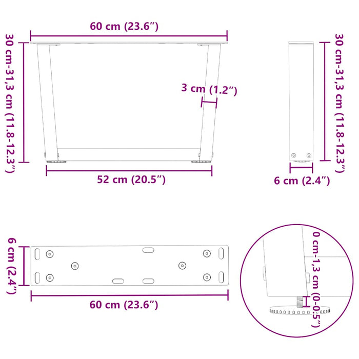Picioare pentru măsuță de cafea în formă de V, 2 buc., oțel natural, 60 x (30-31,3) cm WALTI