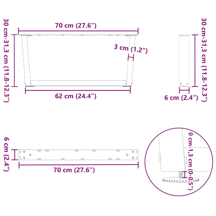 Picioare pentru măsuță de cafea în formă de V, 2 buc., alb, 70x(30-31,3) cm, oțel WALTI