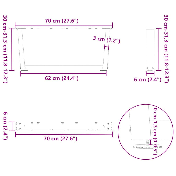 Picioare pentru măsuță de cafea în formă de V, 2 buc., antracit, 70x(30-31,3) cm, oțel WALTI