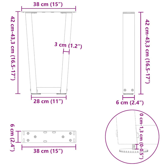 Picioare pentru măsuță de cafea în formă de V, 2 buc., antracit, 38x(42-43,3) cm, oțel WALTI