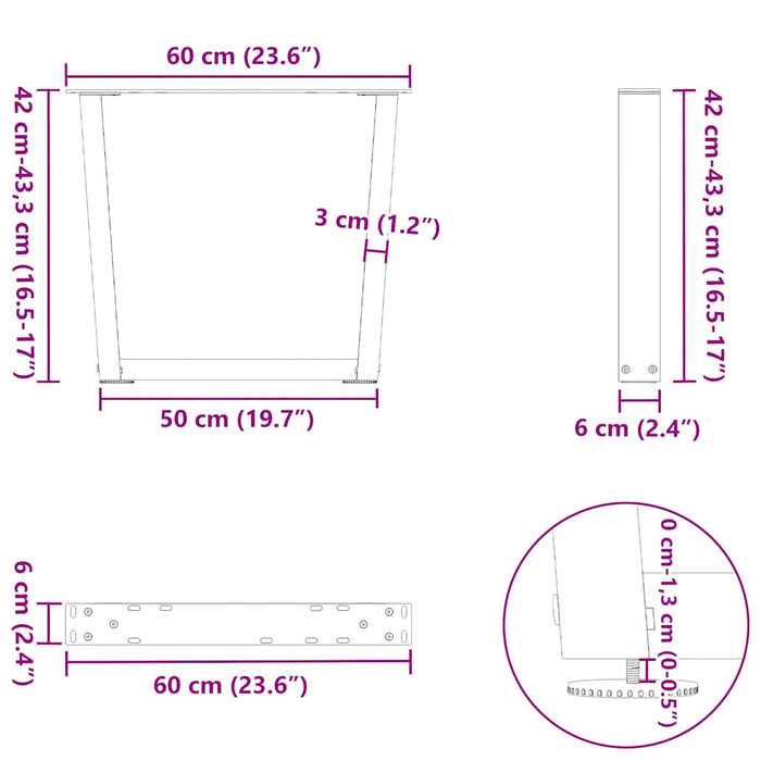 Picioare pentru măsuță de cafea în formă de V, 2 buc., oțel natural, 60 x (42-43,3) cm WALTI