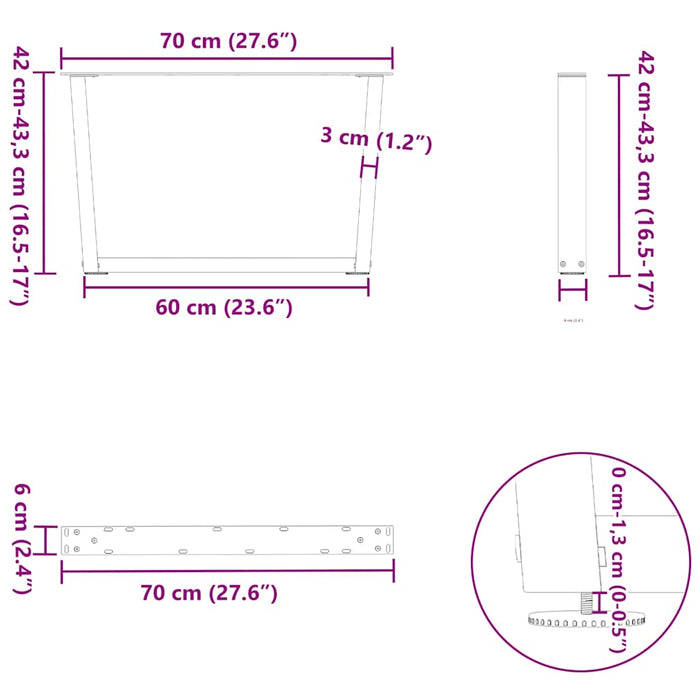 Picioare pentru măsuță de cafea în formă de V, 2 buc., alb, 70x(42-43,3) cm, oțel WALTI