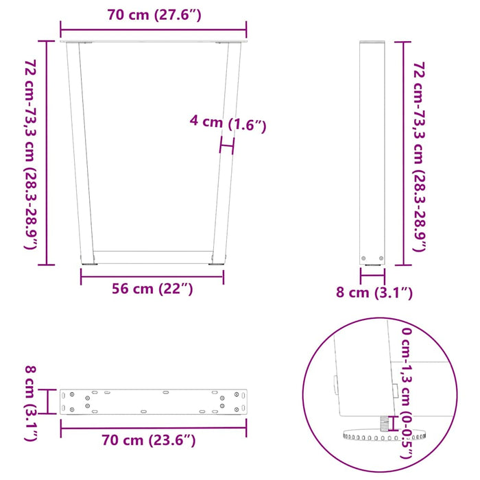 Picioare de masă în formă de V, 2 buc., oțel natural, 70x(72-73,3) cm - WALTI WALTI