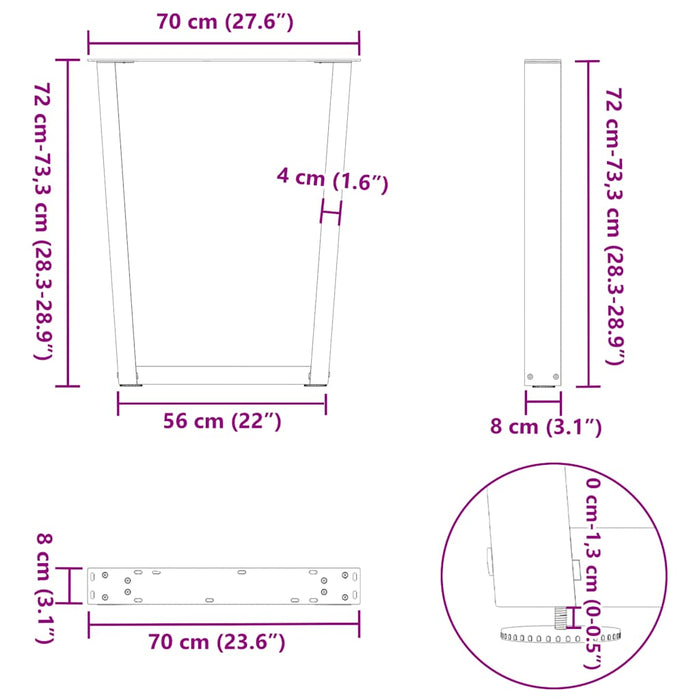 Picioare de masă în formă de V, 3 buc., negru, 70x (72-73,3) cm, oțel WALTI