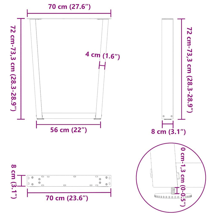 Picioare de masă în formă de V, 3 buc., oțel natural, 70x(72-73,3) cm WALTI