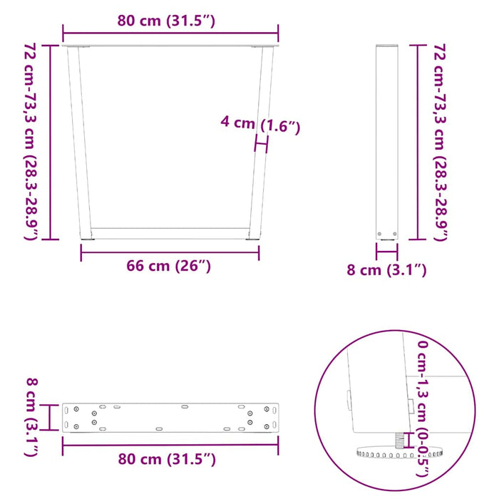 Picioare de masă în formă de V, 3 buc., oțel natural, 80x(72-73,3) cm WALTI