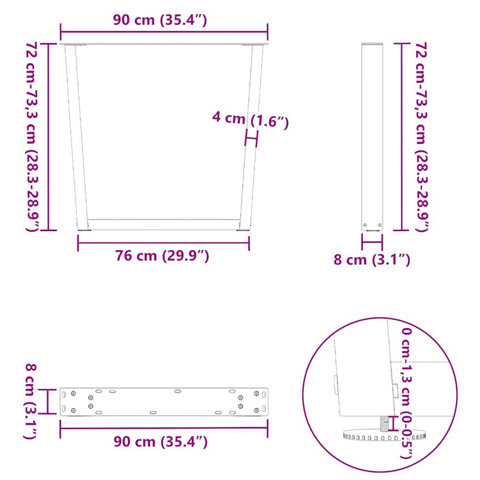 Picioare de masă în formă de V, 3 buc., negru, 90x (72-73,3) cm, oțel WALTI