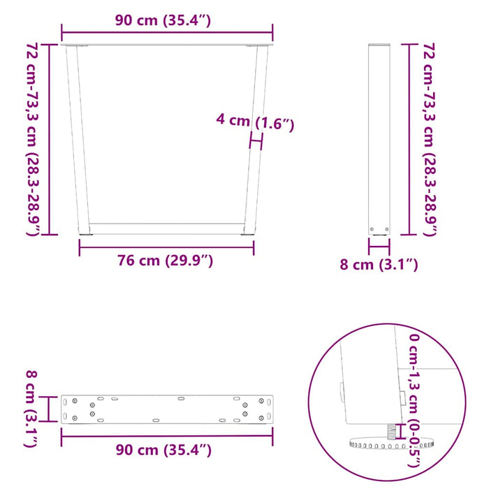 Picioare de masă în formă de V, 3 buc., antracit, 90x(72-73,3) cm, oțel WALTI
