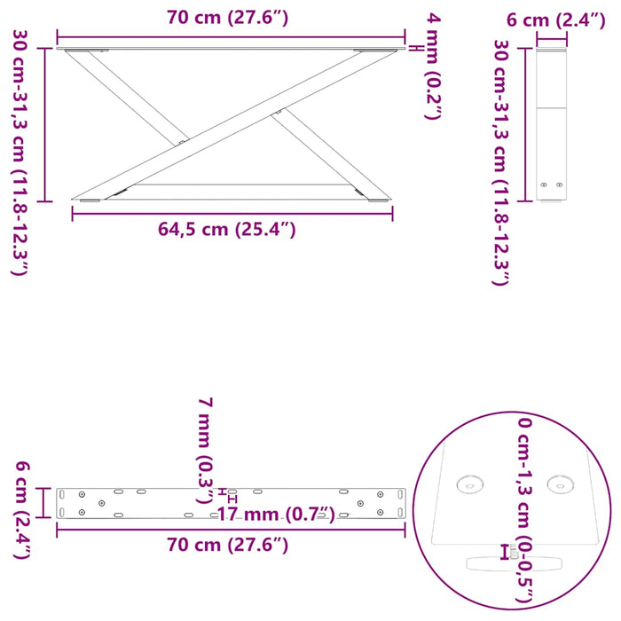 Picioare pentru măsuță de cafea, 2 buc., oțel natural, 70x(30-31,3) cm WALTI