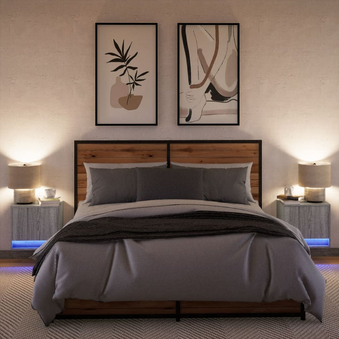 Noptiere montate pe perete cu lumini LED, 2 buc., sonoma gri - WALTI WALTI