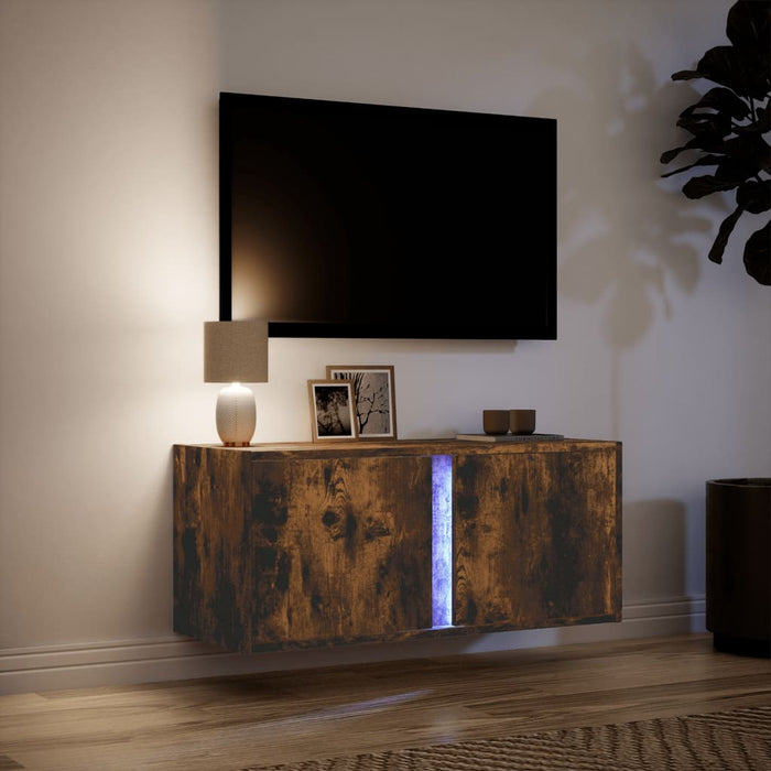 Comodă TV de perete cu lumini LED, stejar fumuriu, 80x31x35 cm - WALTI WALTI