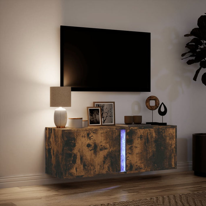 Dulap TV de perete cu lumini LED, stejar fumuriu, 100x31x35 cm WALTI