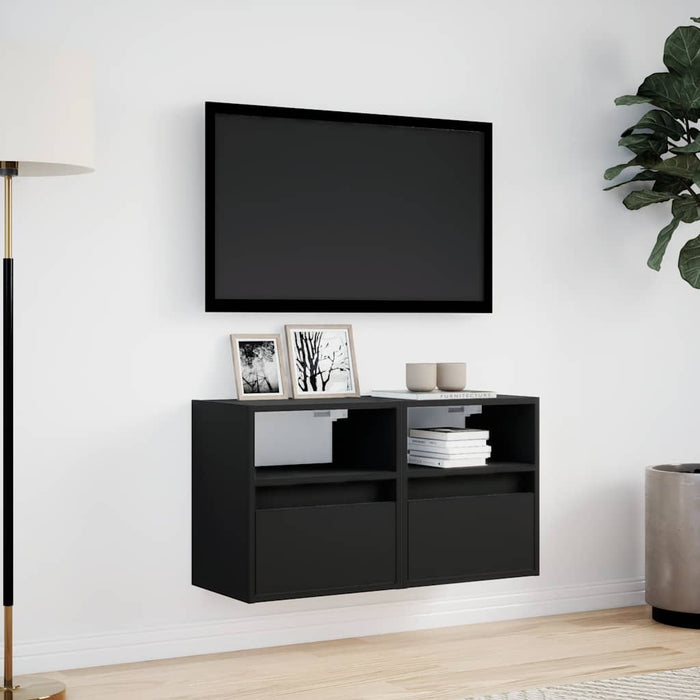 Comode TV de perete cu lumini LED, 2 buc., negru, 41x31x45 cm WALTI