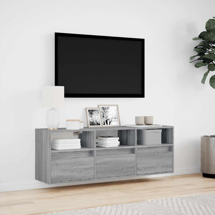 Comodă TV de perete cu lumini LED, gri sonoma, 130x31x45 cm WALTI