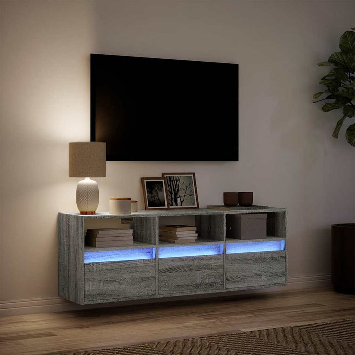Comodă TV de perete cu lumini LED, gri sonoma, 130x31x45 cm WALTI