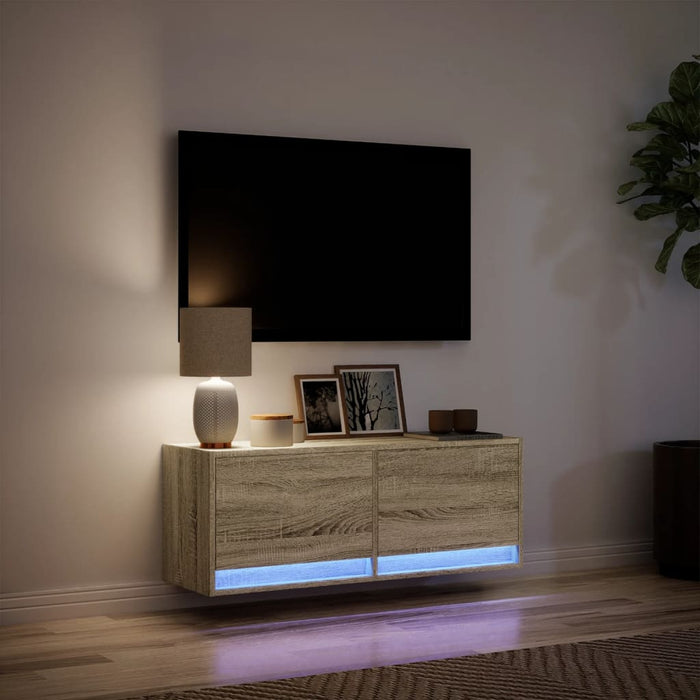 Comodă TV de perete cu lumini LED, stejar sonoma, 100x31x38 cm - WALTI WALTI