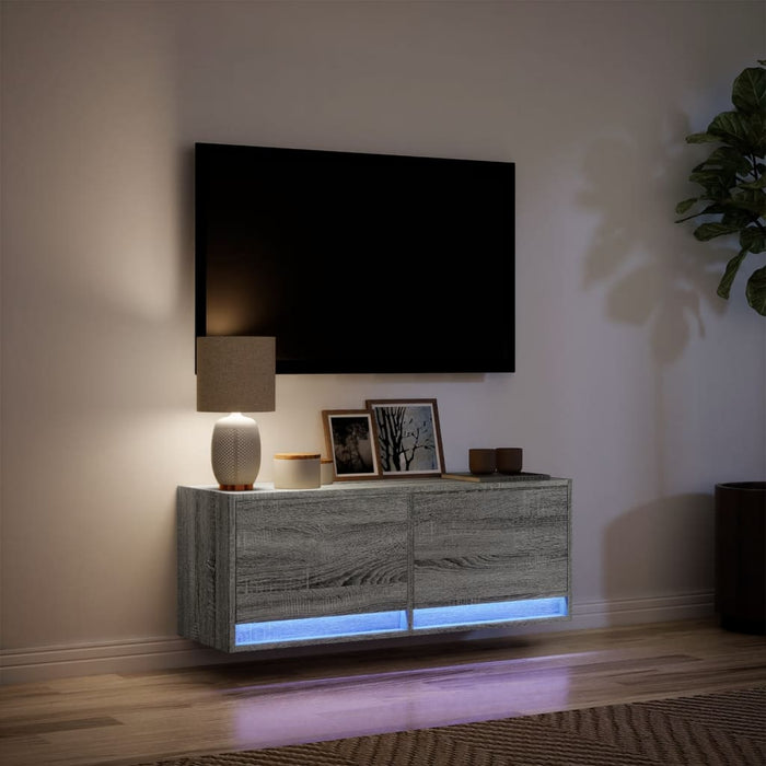 Comodă TV de perete cu lumini LED, gri sonoma, 100x31x38 cm - WALTI WALTI