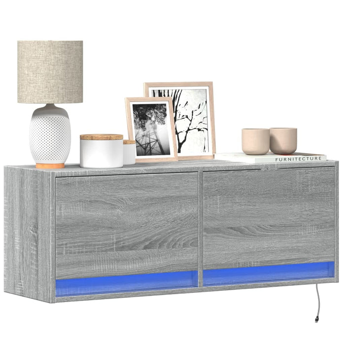 Comodă TV de perete cu lumini LED, gri sonoma, 100x31x38 cm - WALTI WALTI