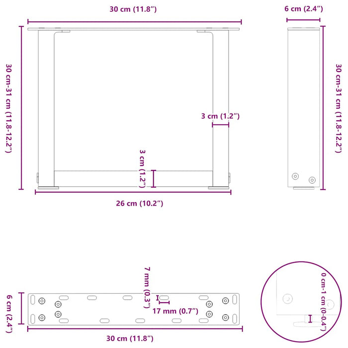 Picioare pentru măsuță de cafea în formă de U, 2 buc., alb, 30x(30-31) cm, oțel - WALTI WALTI