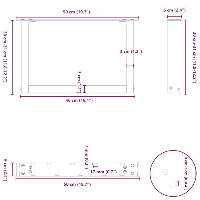 Picioare pentru măsuță de cafea în formă de U, 2 buc., alb, 50x(30-31) cm, oțel WALTI