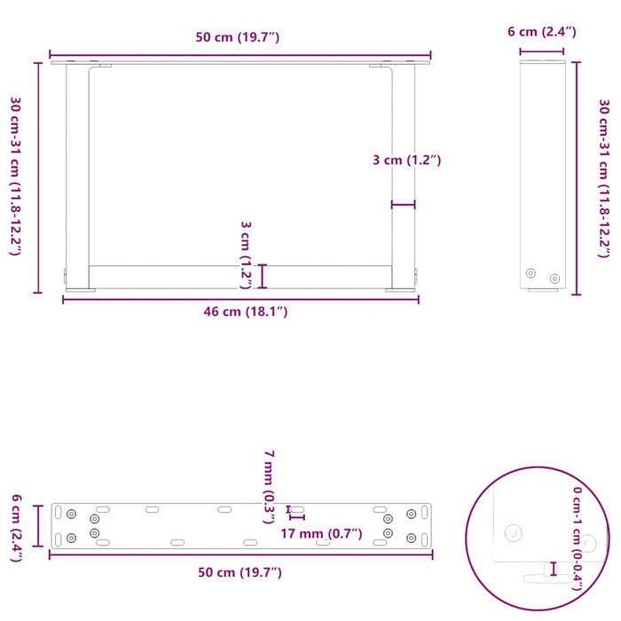 Picioare pentru măsuță de cafea în formă de U, 2 buc., oțel natural, 50x(30-31) cm WALTI