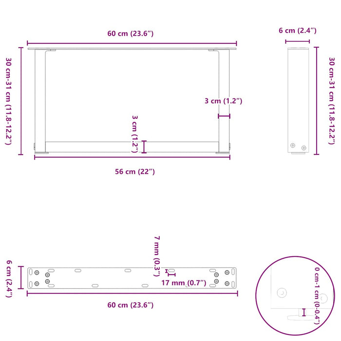 Picioare pentru măsuță de cafea în formă de U, 2 buc., alb, 60x(30-31) cm, oțel WALTI