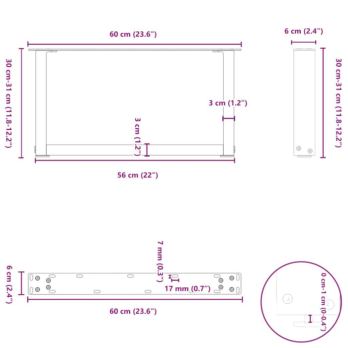 Picioare pentru măsuță de cafea în formă de U, 2 buc., antracit, 60x(30-31) cm, oțel WALTI